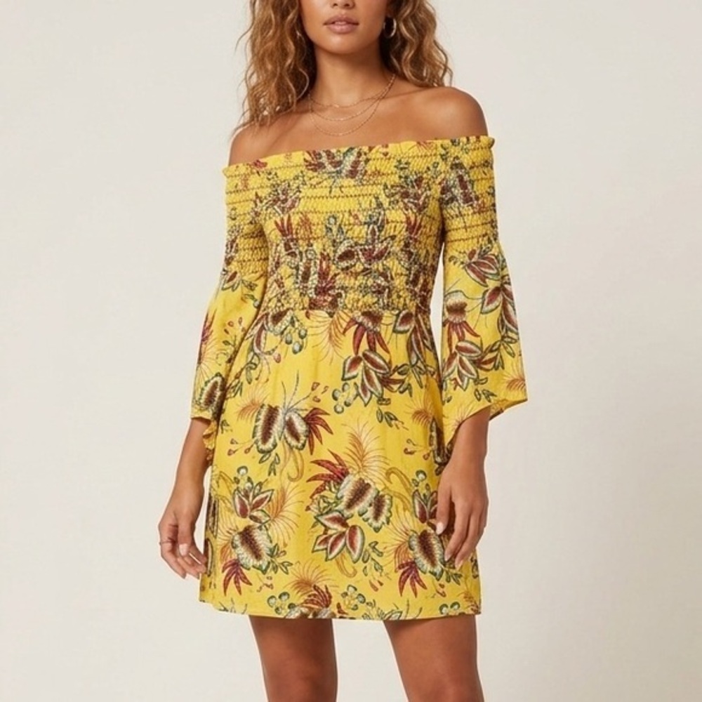 FARM RIO Bria Yellow Jungle Motif Smocked Mini Dress NWT